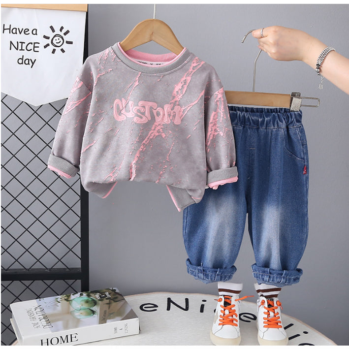 Unisex Kids Casual Outfit with Neon Print Sweatshirt & Jeans β Pink or Green (1-5 Years)